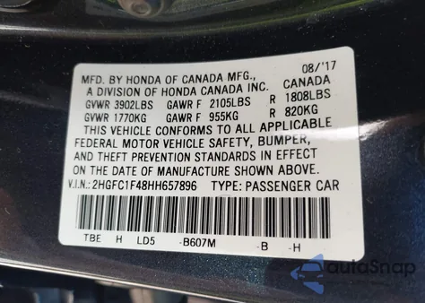 2017 Honda Civic Ex-T from USA, damaged, VIN 2HGFC1F48HH657896